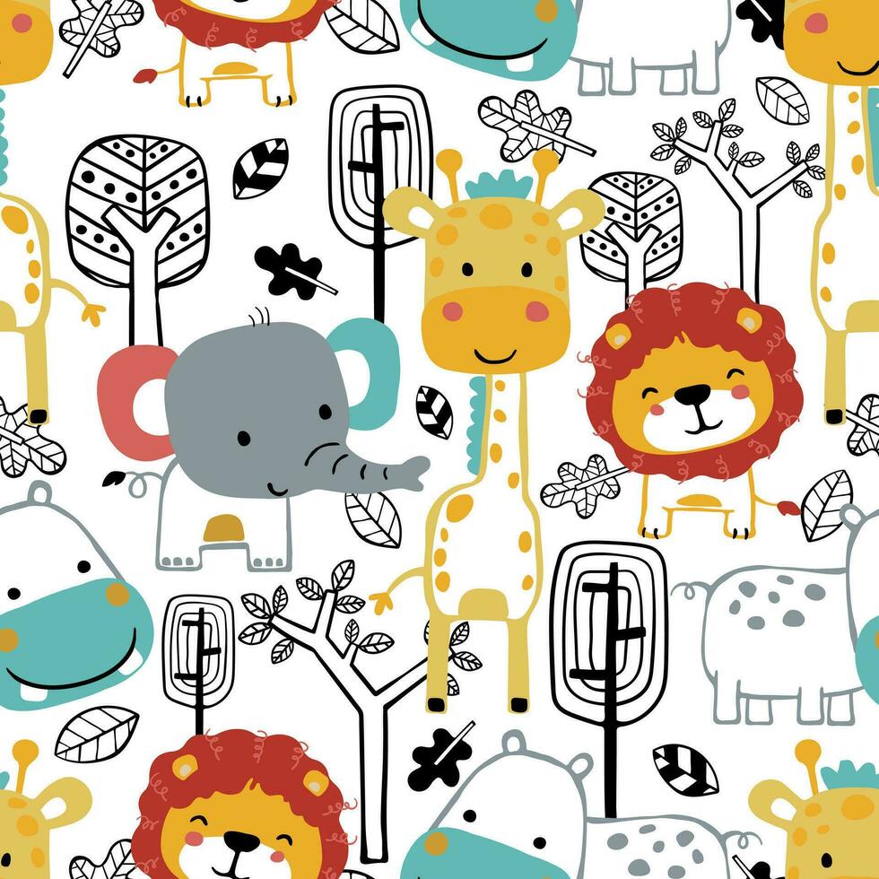 Seamless pattern vector of funny animals cartoon with trees and leaves