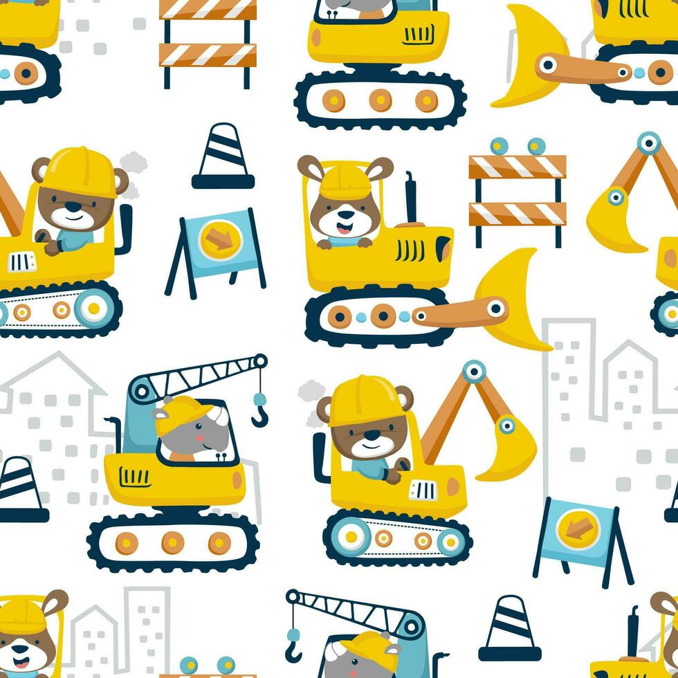 Seamless pattern vector of cute animals driving construction vehicle, construction element cartoon