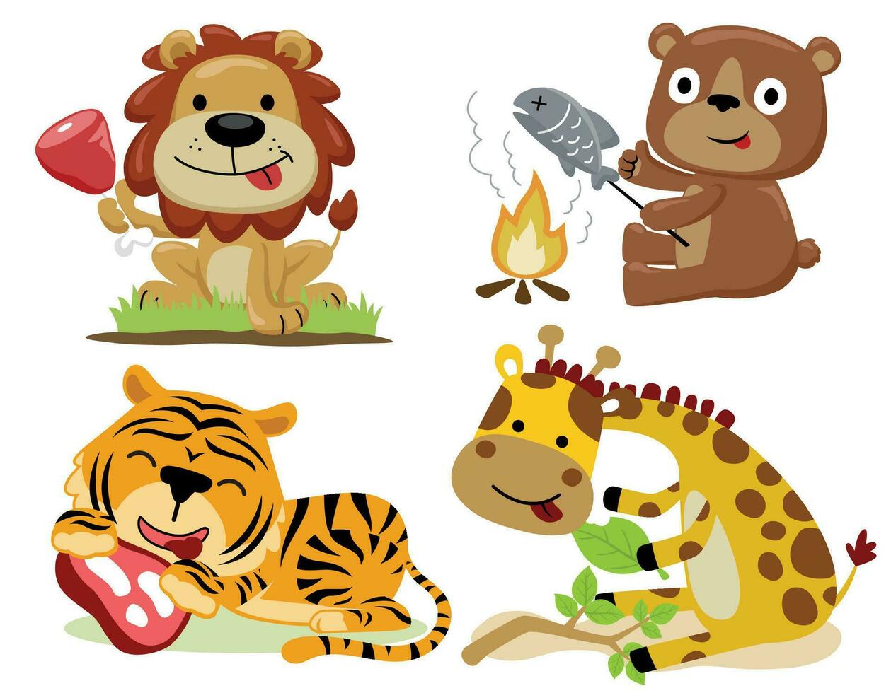 Group of funny animals cartoon with foods vector