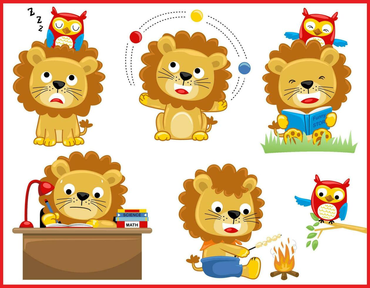 Group of funny lion cartoon with owl in different activities vector