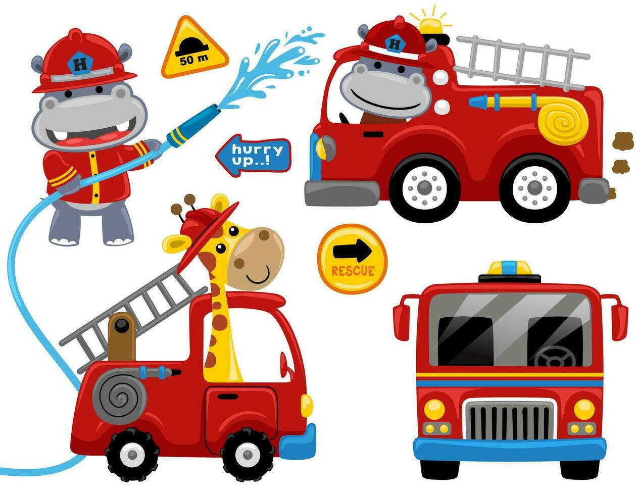 Set of firefighters cartoon element with funny hippo and giraffe in fireman costume vector
