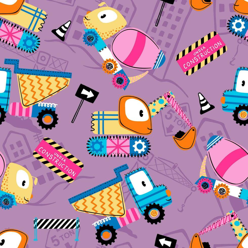 Seamless pattern vector of funny construction vehicle with industrial element in doodle art style