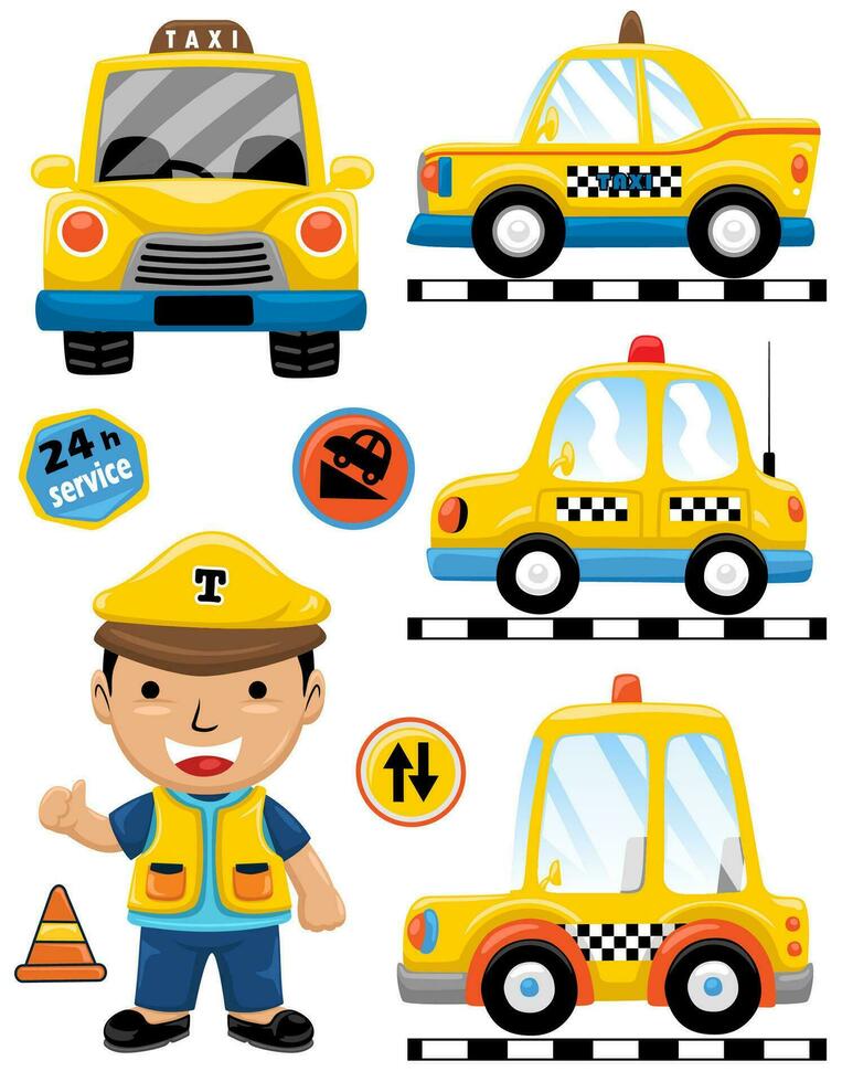 Vector set of taxi cartoon with funny driver