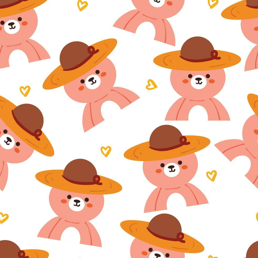 seamless pattern cartoon bear wearing hat vector