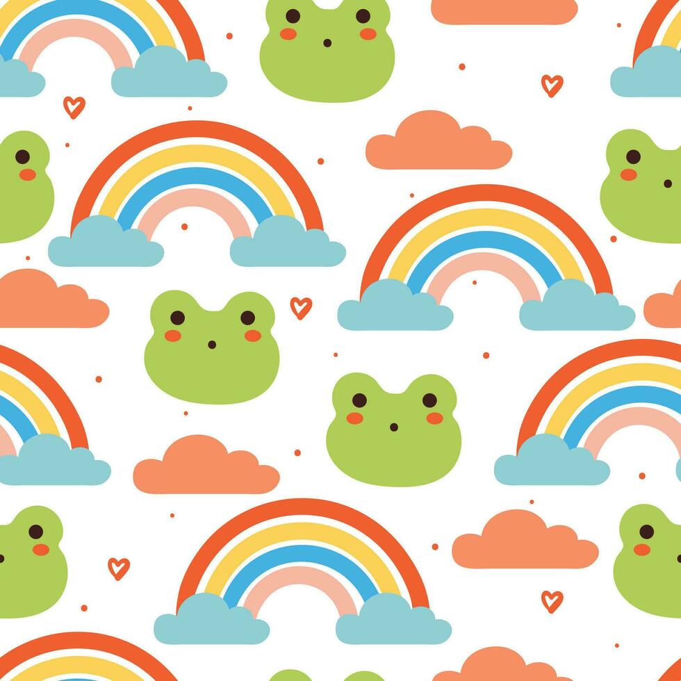 seamless pattern cartoon frog with rainbow and sky element vector