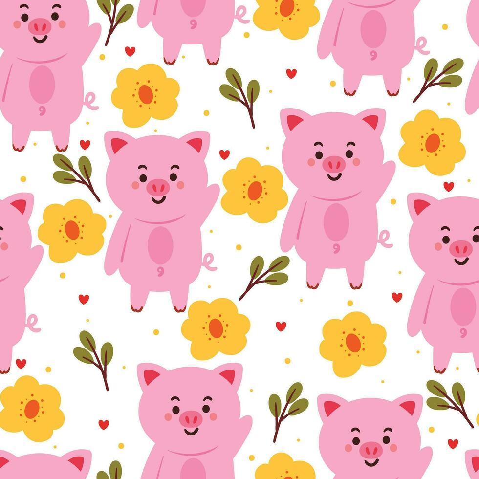 seamless pattern cartoon pig and flower. cute animal wallpaper for textile, gift wrap paper vector