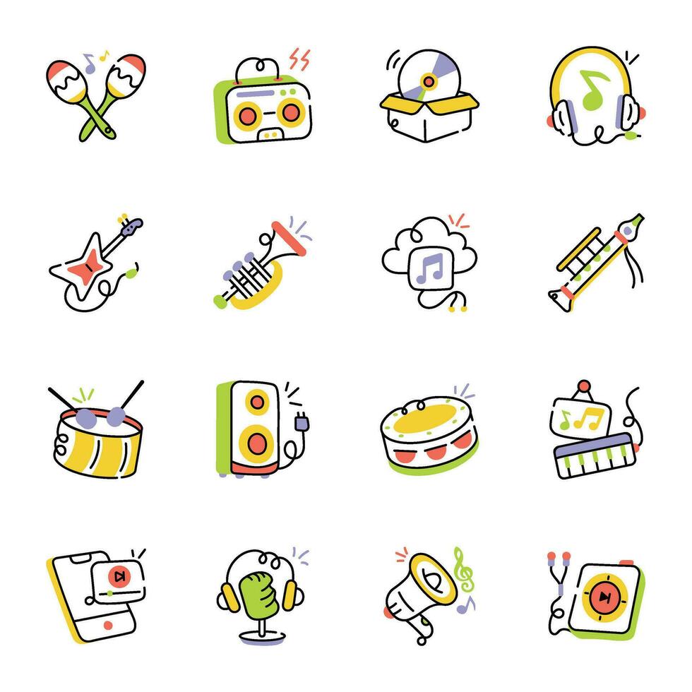 Set of Musical Instruments Sketchy Icons vector