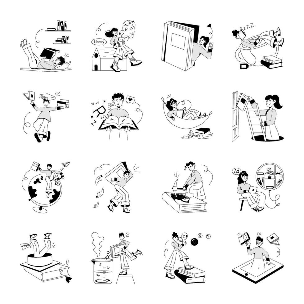 Collection of Library Study Hand Drawn Illustrations vector