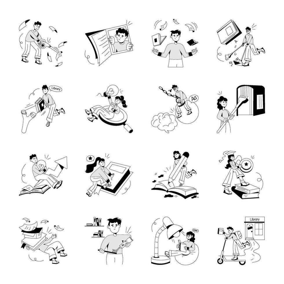 Books and Library Hand Drawn Illustrations vector