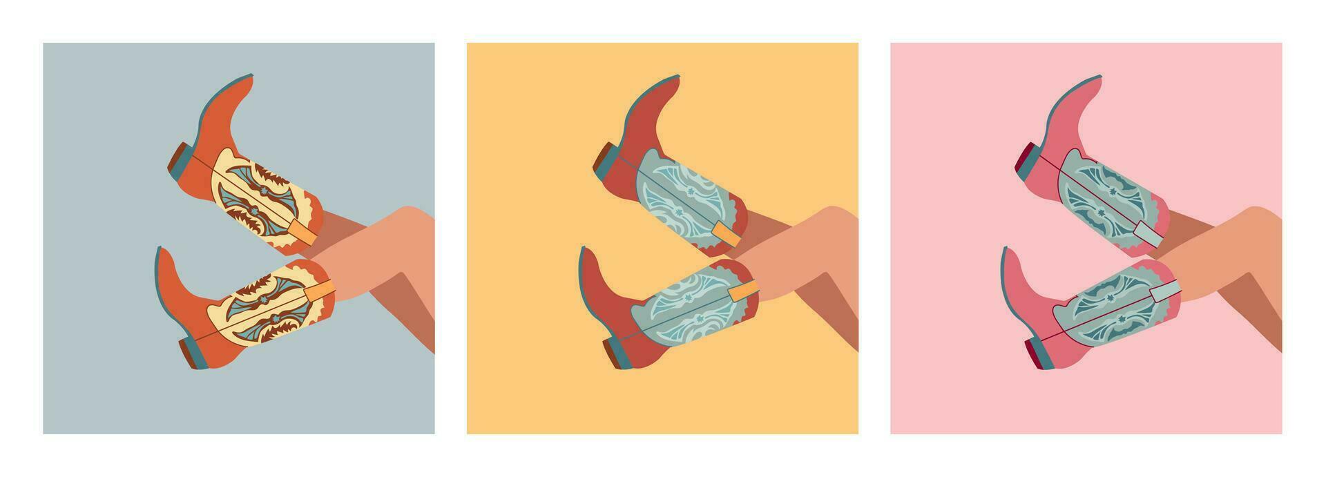 conjunto de Tres pares de hembra piernas en vaquero botas.varias vaquera botas. vaquero occidental tema, salvaje Oeste. mano dibujado color de moda vector ilustración. cada tarjeta es aislado