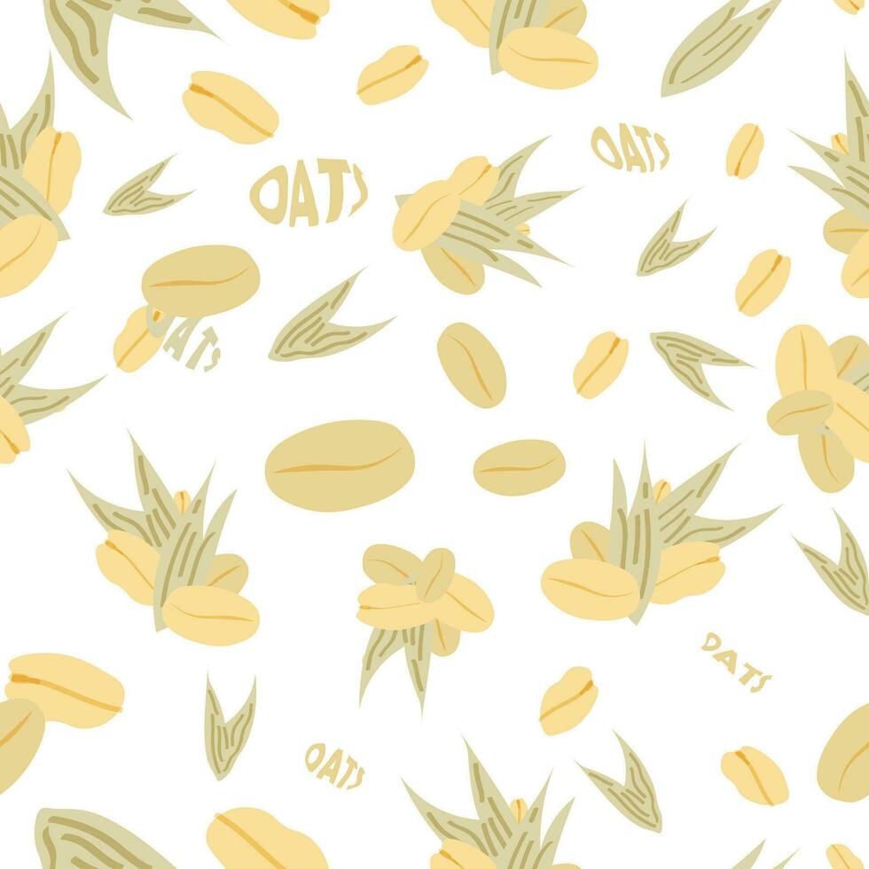 Hand Drawn Oat and Wheat pattern with oats words lettering doodle in shape of oat. Seamless wheat pattern backdrop template for prints, backgrounds, wraps, packaging. Vector Illustration. EPS 10.