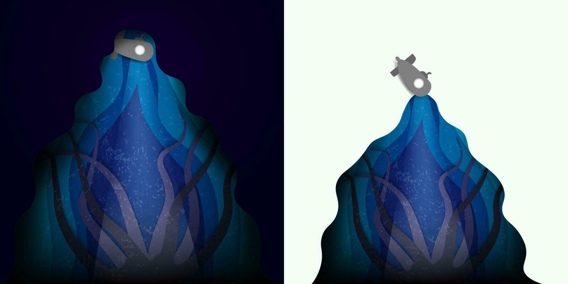 Exploring Submarine Origami Art Design. A Submarine in deep sea trenches unaware of big tentacles coming from above. Paper Origami Concept Art. Underwater Paper cut-out design. Vector Illustration.