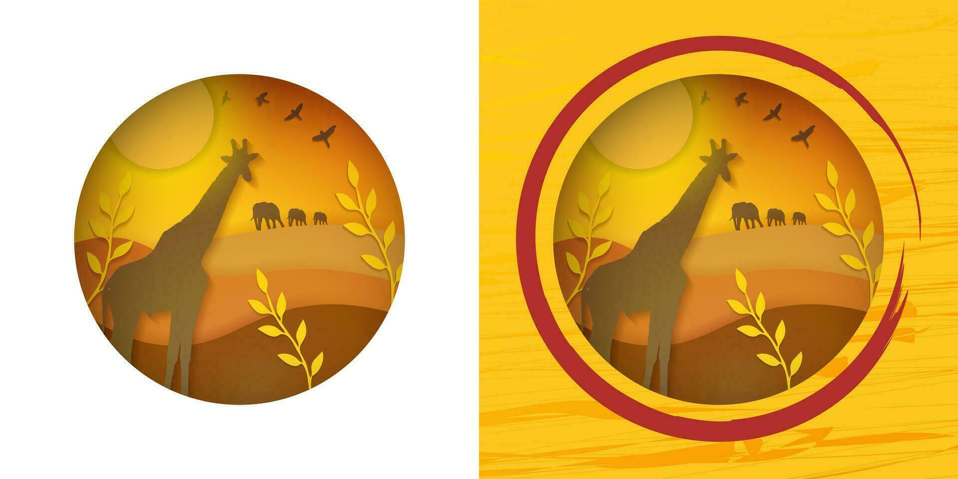 Paper Origami Concept of Animal Kingdom in Sunset Artwork. Giraffe overlooking safari landscape. Sunset in Africa concept. Editable Vector Illustration.