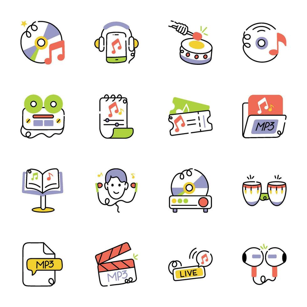 Trendy Pack of Instruments Doodle Icons vector
