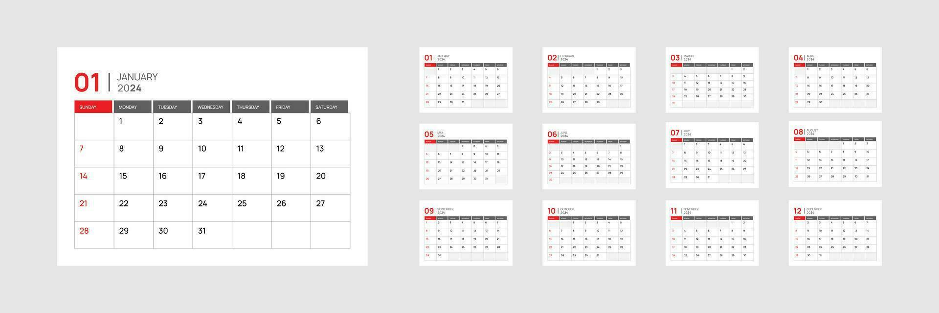 2024 Calendar Planner minimal template design. Vector calendar. Desktop planner in simple clean style. Corporate or business calendar.