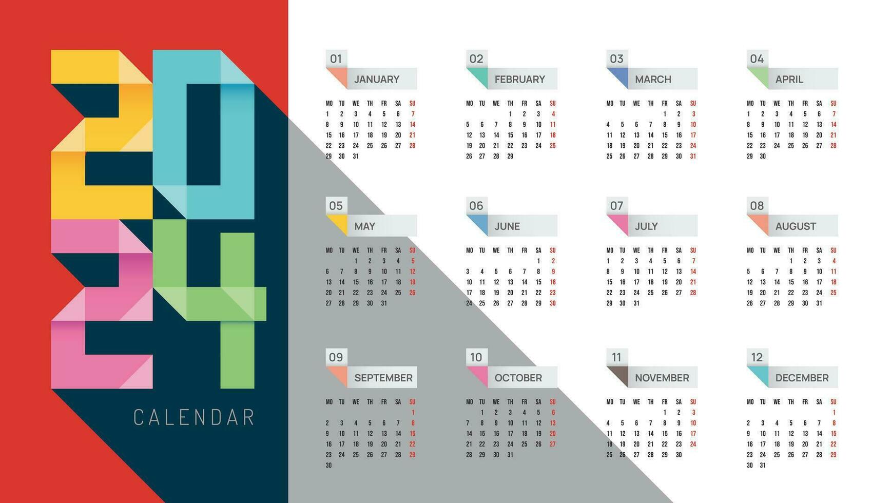 Monthly calendar template for 2024 year.vector vector