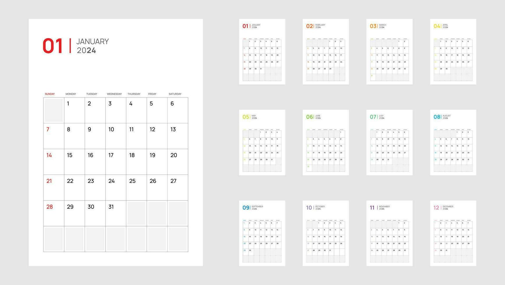 2024 Calendar Planner minimal template design. Vector calendar. Wall planner in simple clean style. Corporate or business calendar.