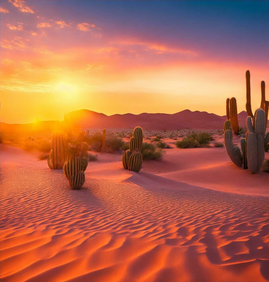 A stunning desert landscape, dotted with cacti and sand dunes photo