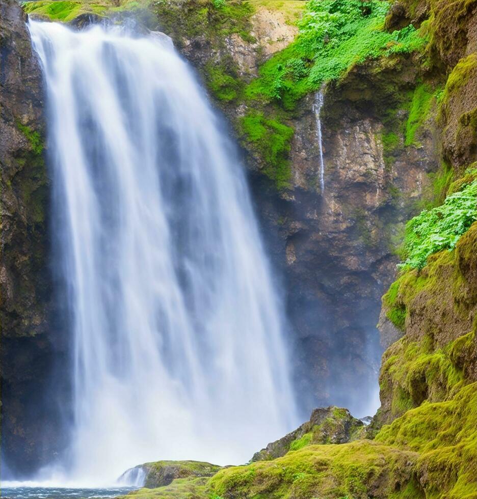 A breathtaking waterfall cascading down a rocky cliff face photo