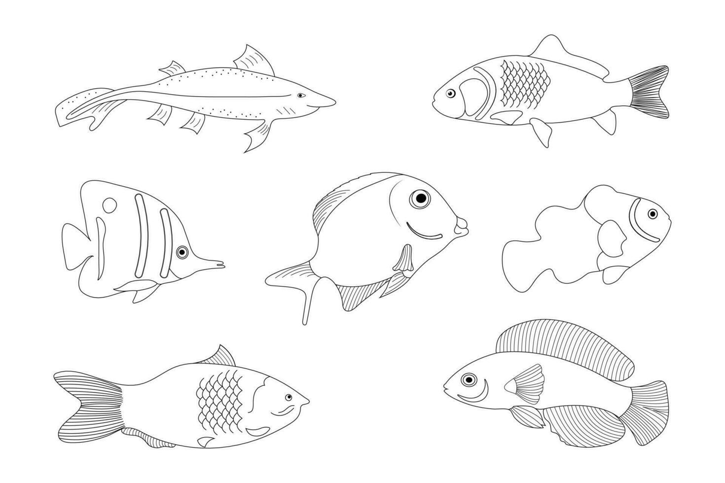 Fish outline set of 7 minimal fish icons showing aquatic animals with