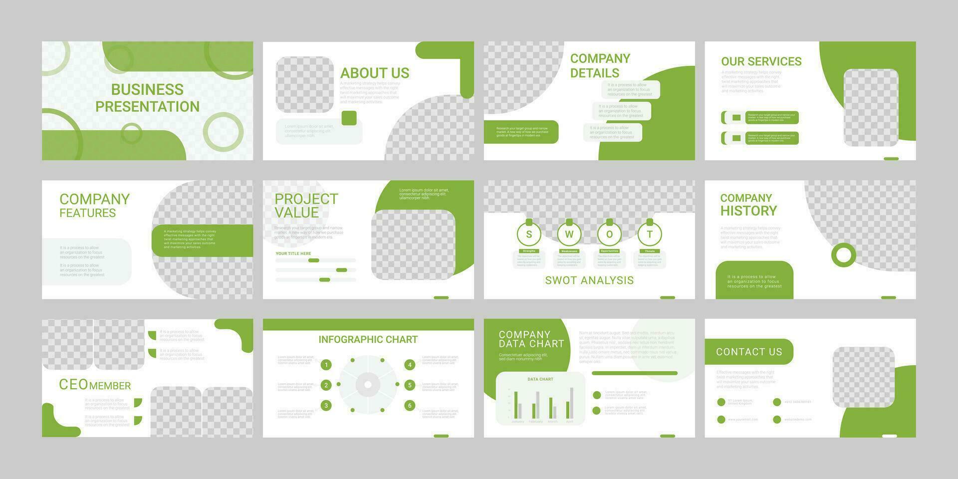 Presentation template, Green infographic elements on white background. Vector slide template for business project presentations and marketing.