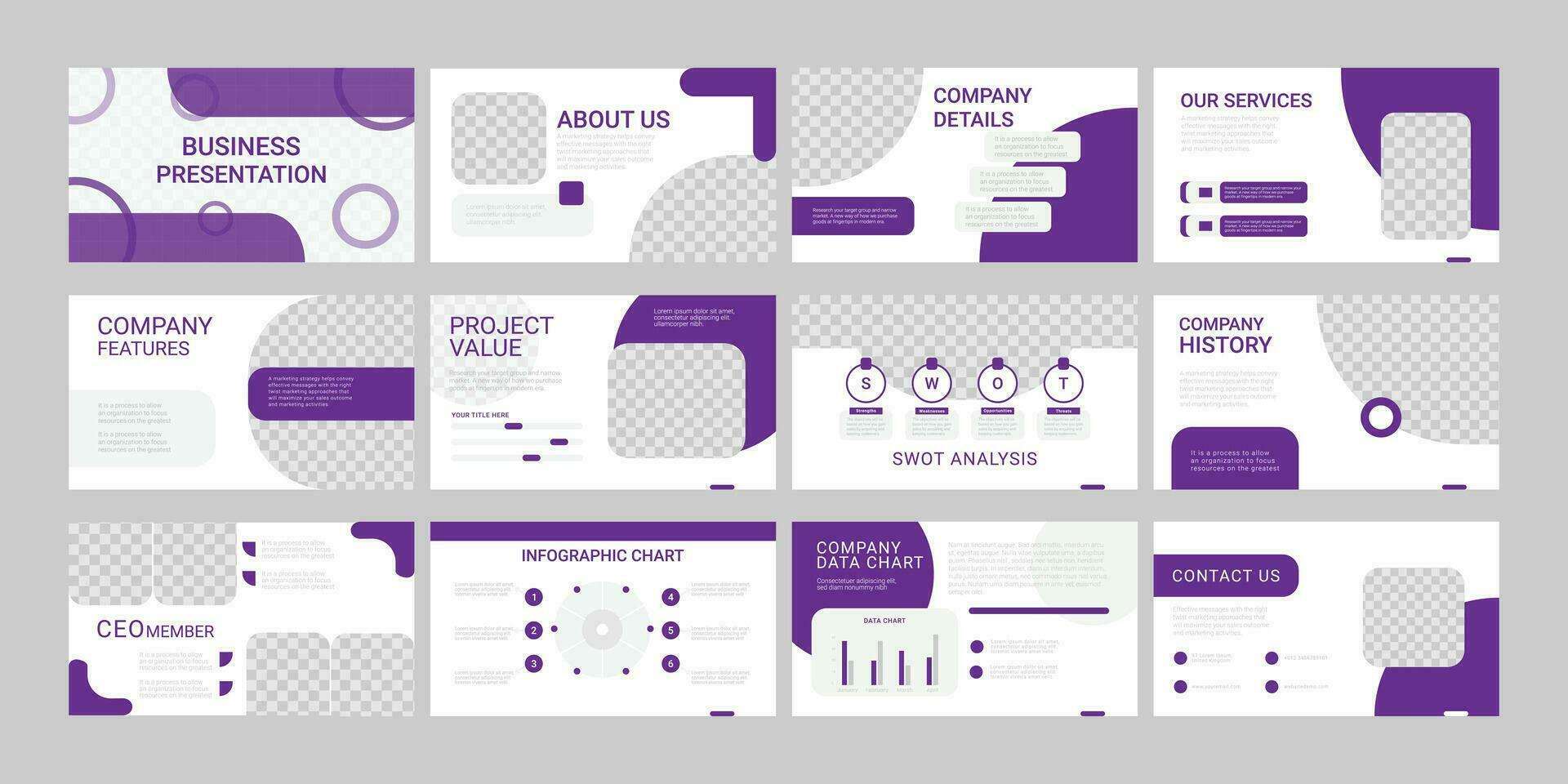 Presentation template, Purple and gray infographic elements on white background. Vector slide template for business project presentations and marketing.