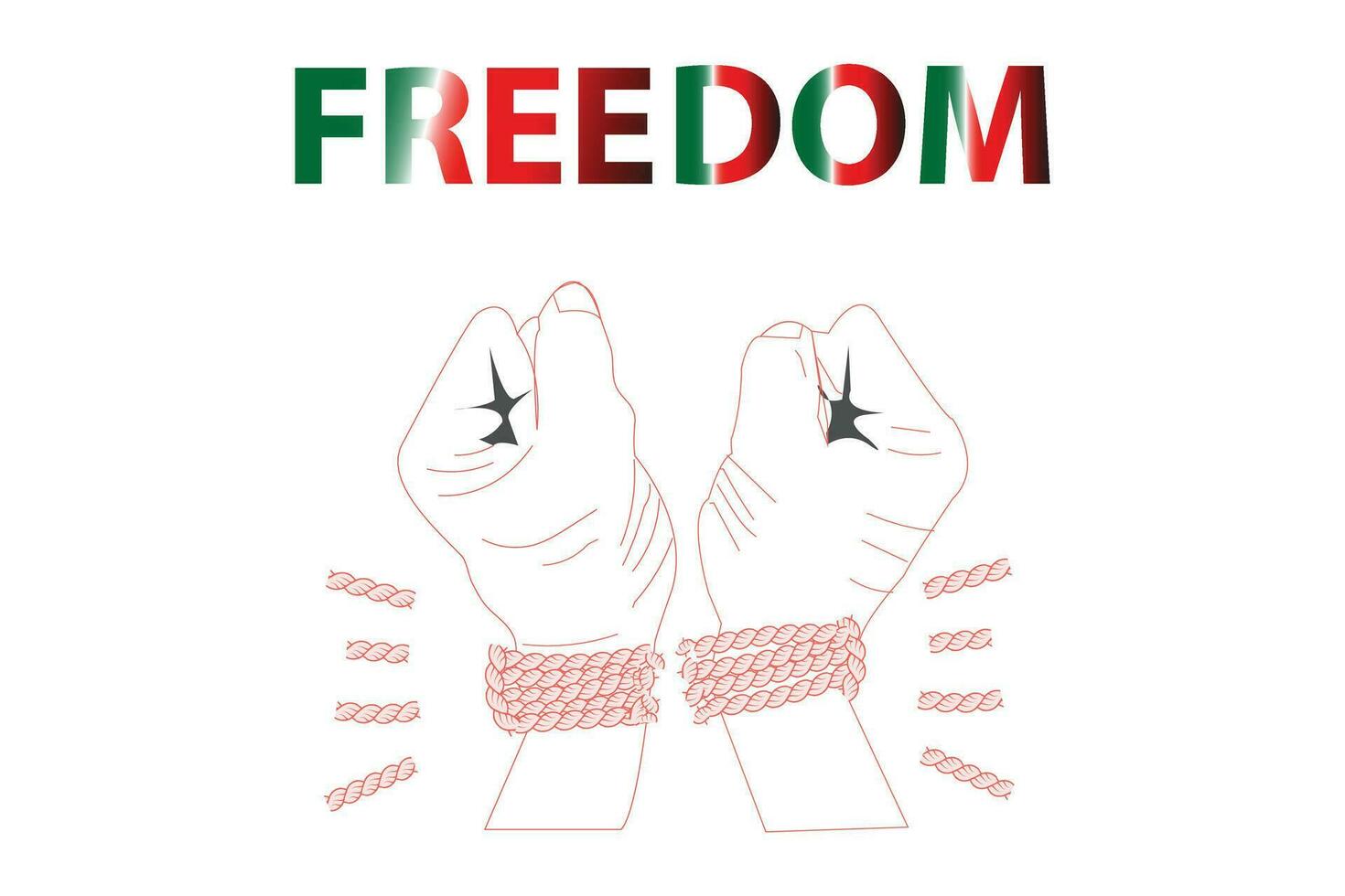 Vector illustration of a hands tied with a rope. Represents  Freedom. Vector red  broken rope. Torn rope. Isolated  on white background.