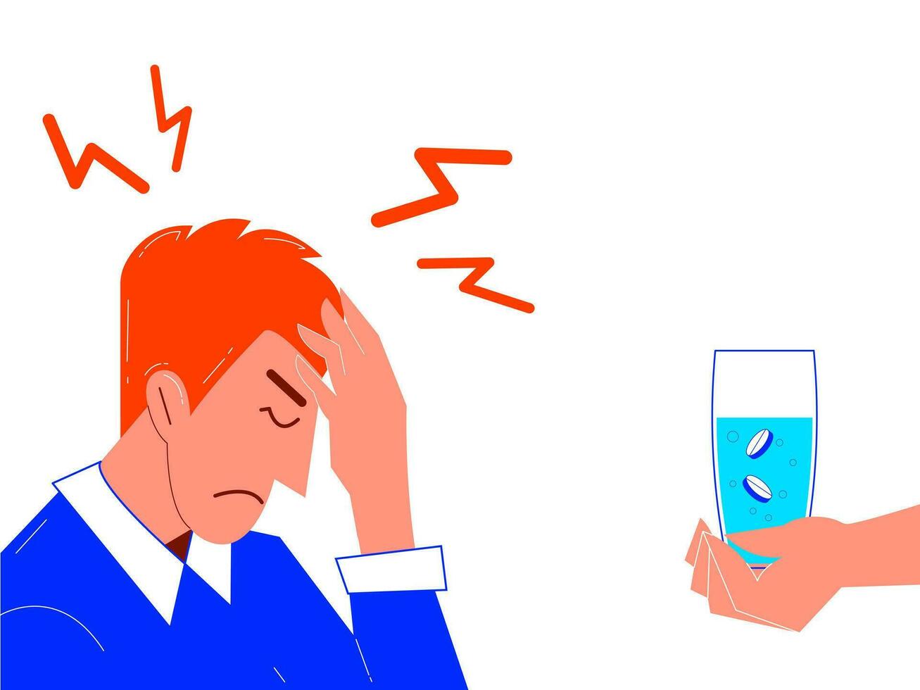 A man suffers from headaches and migraines, symptoms of a viral disease. Suffering from various types of headaches. Vector illustration in a flat style on an isolated white background.