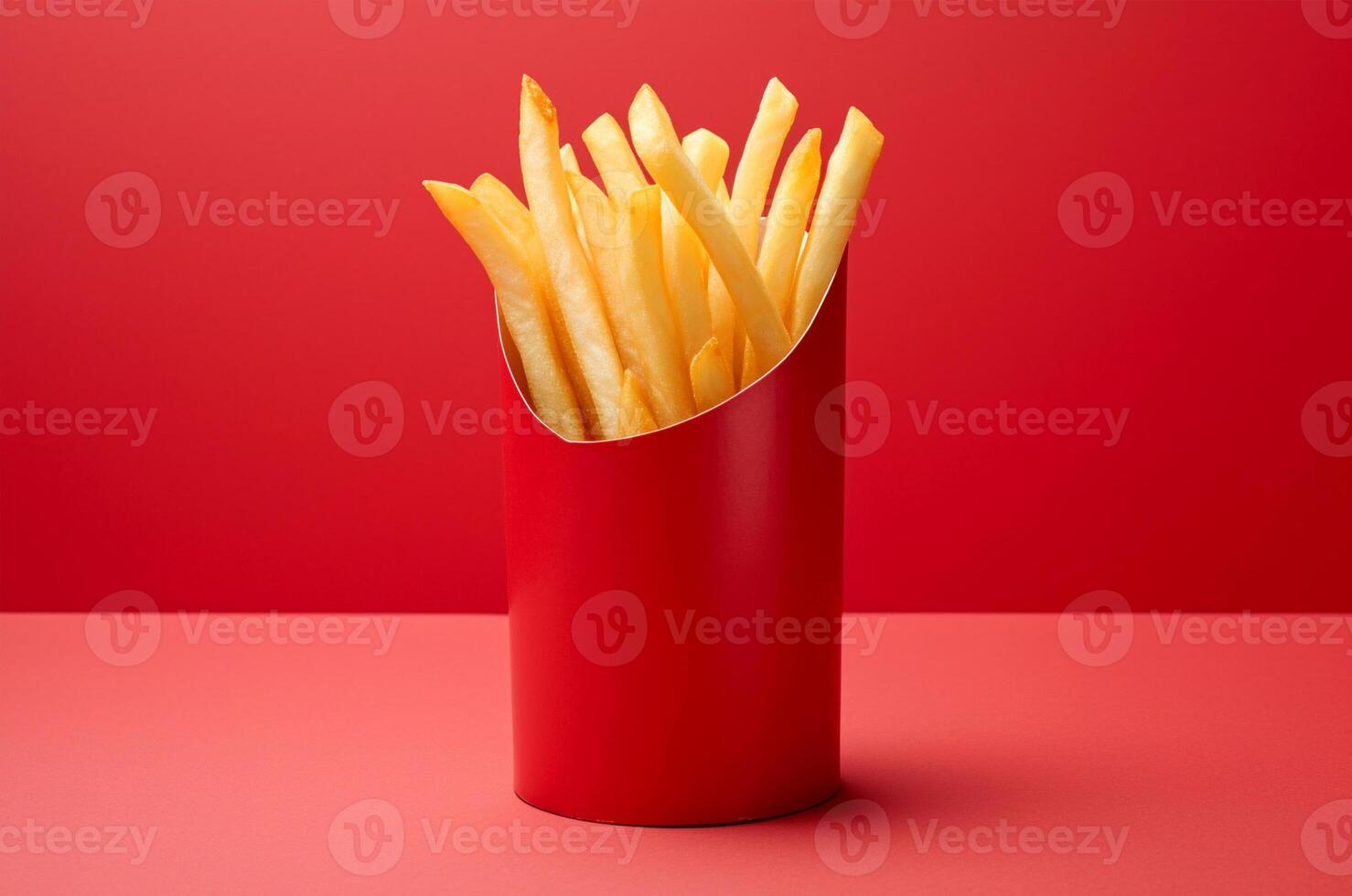 Minimalistic french fries in red packaging. photo