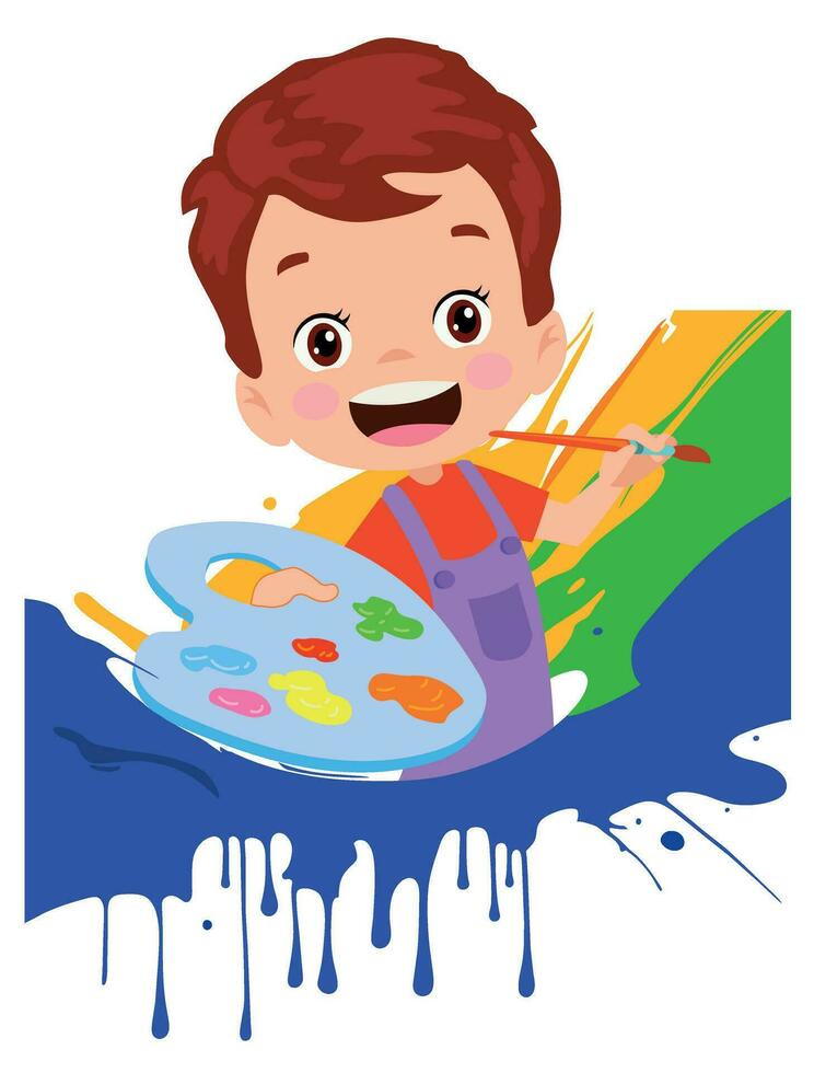 kid artist little boy painting on canvas vector