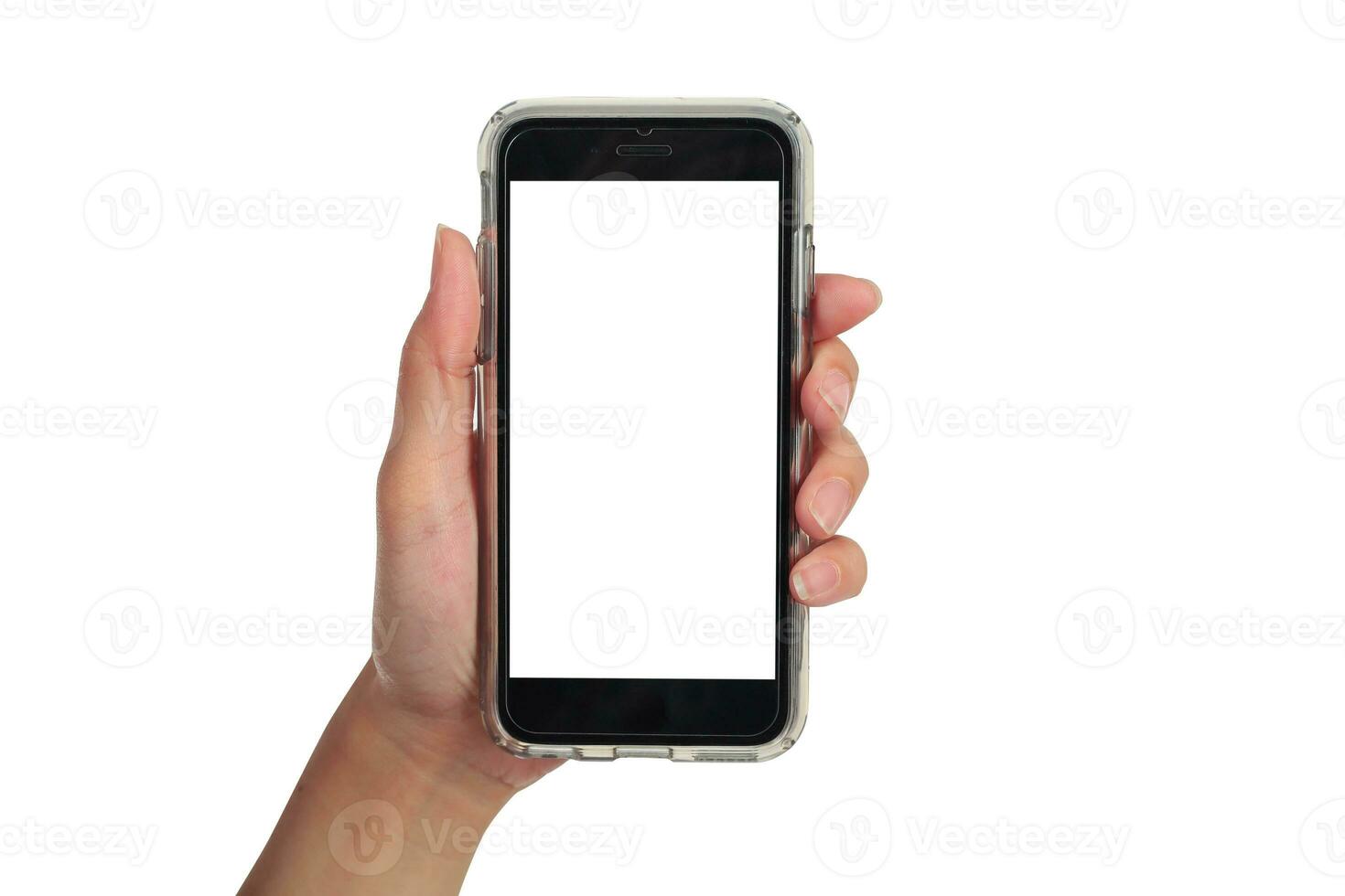 Female hand holding vertical smart phone, use clipping path photo