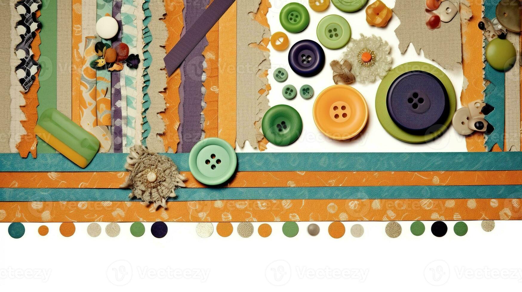 Colorful buttons and ribbons on fabric background. Sewing background. AI generative photo