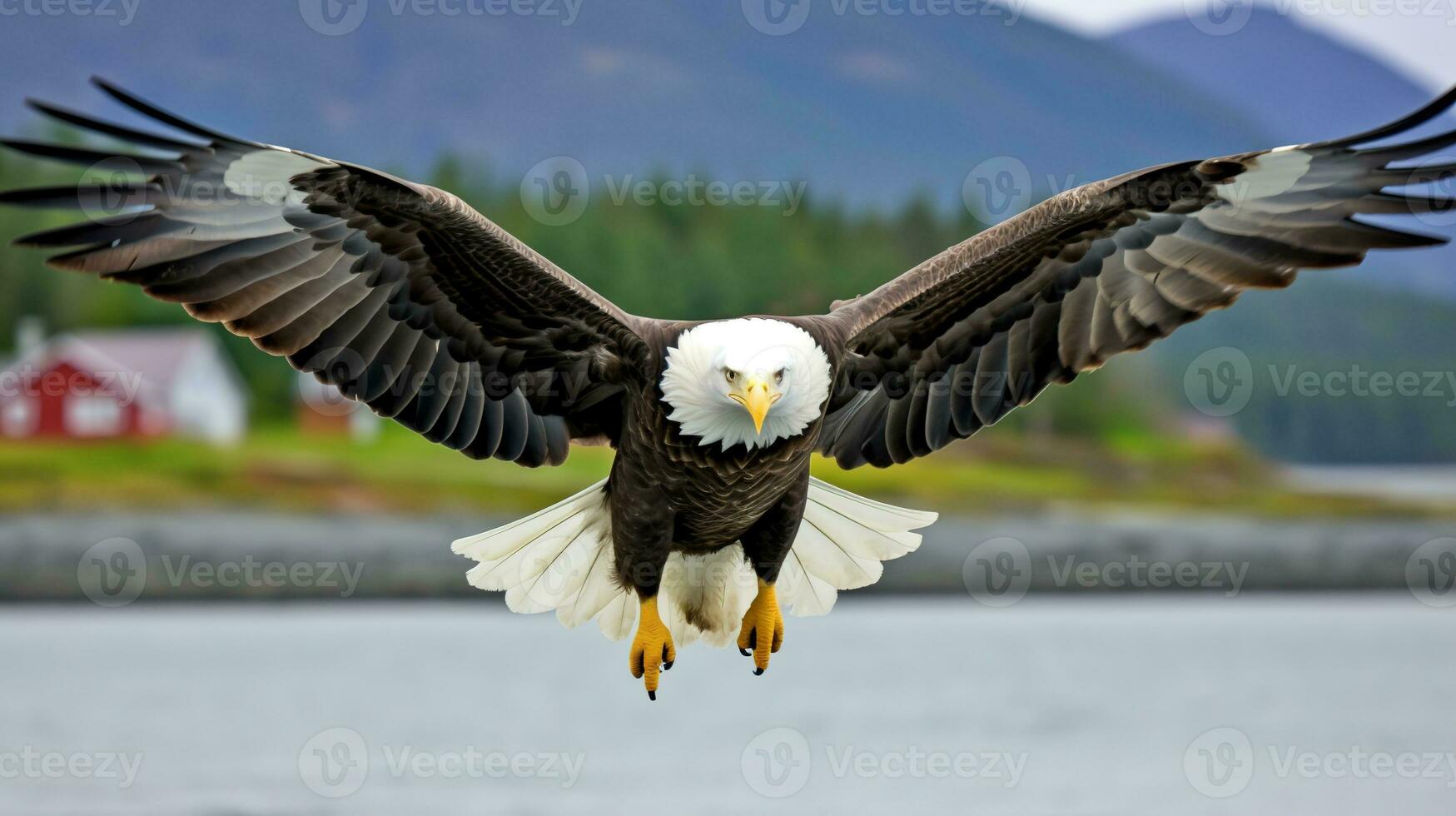 American bald eagle in flight. Bald Eagle Haliaeetus leucocephalus in flight. AI generative photo