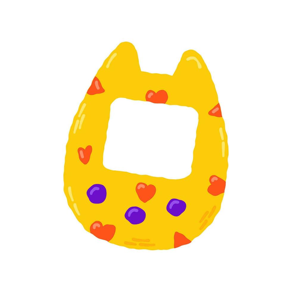 Yellow tamagotchi with hearts 00s, 2000s. Hand drawn flat cartoon element. Vector illustration