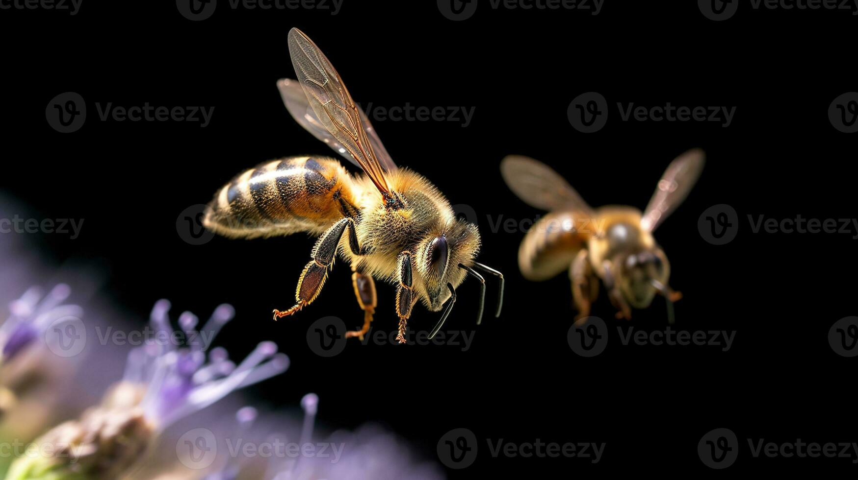 Close up of honey bee collecting pollen on purple flower isolated on black background. AI generative photo