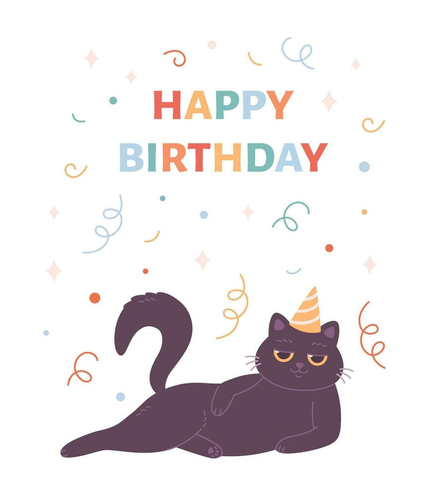 contento cumpleaños saludo tarjeta con linda gato en fiesta sombrero. fiesta, celebracion, papel picado. vector