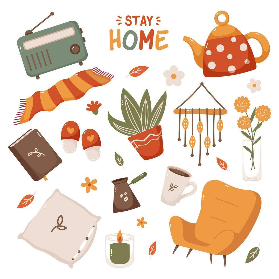 Autumn set of vector elements. Cartoon autumn interior icons. Cozy interior furniture and home decor in autumn colors.