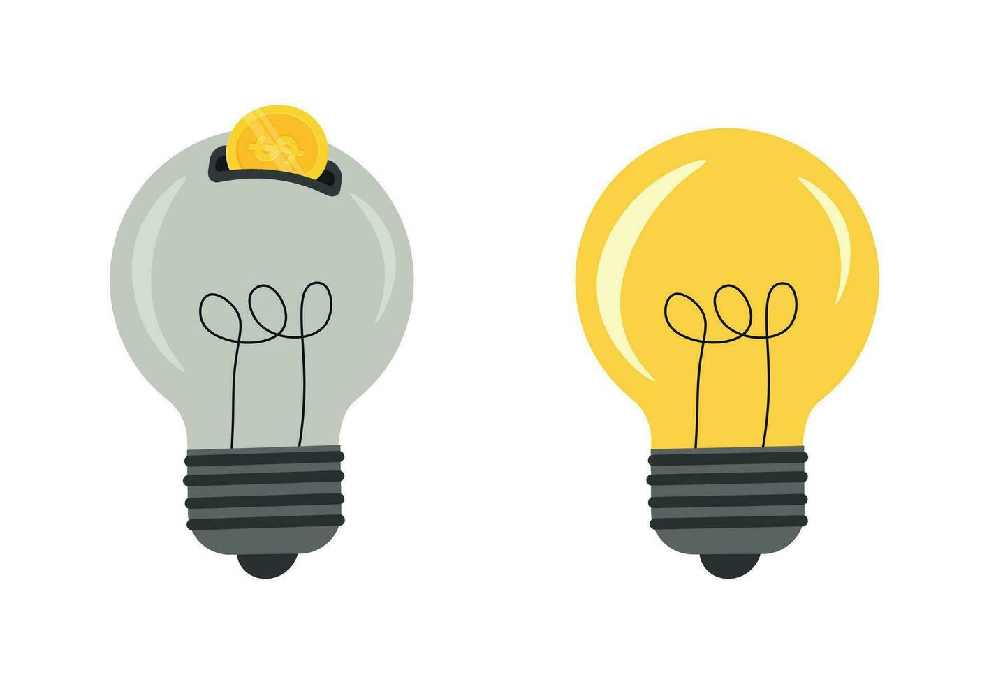 Turned on light bulb and light bulb with coin vector