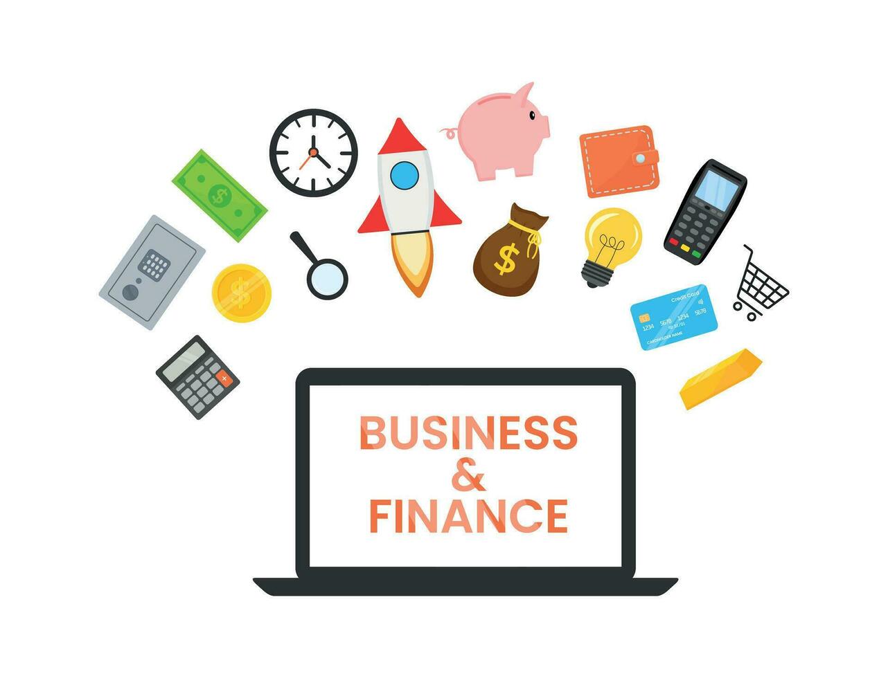 Business and finance set with lettering on laptop vector