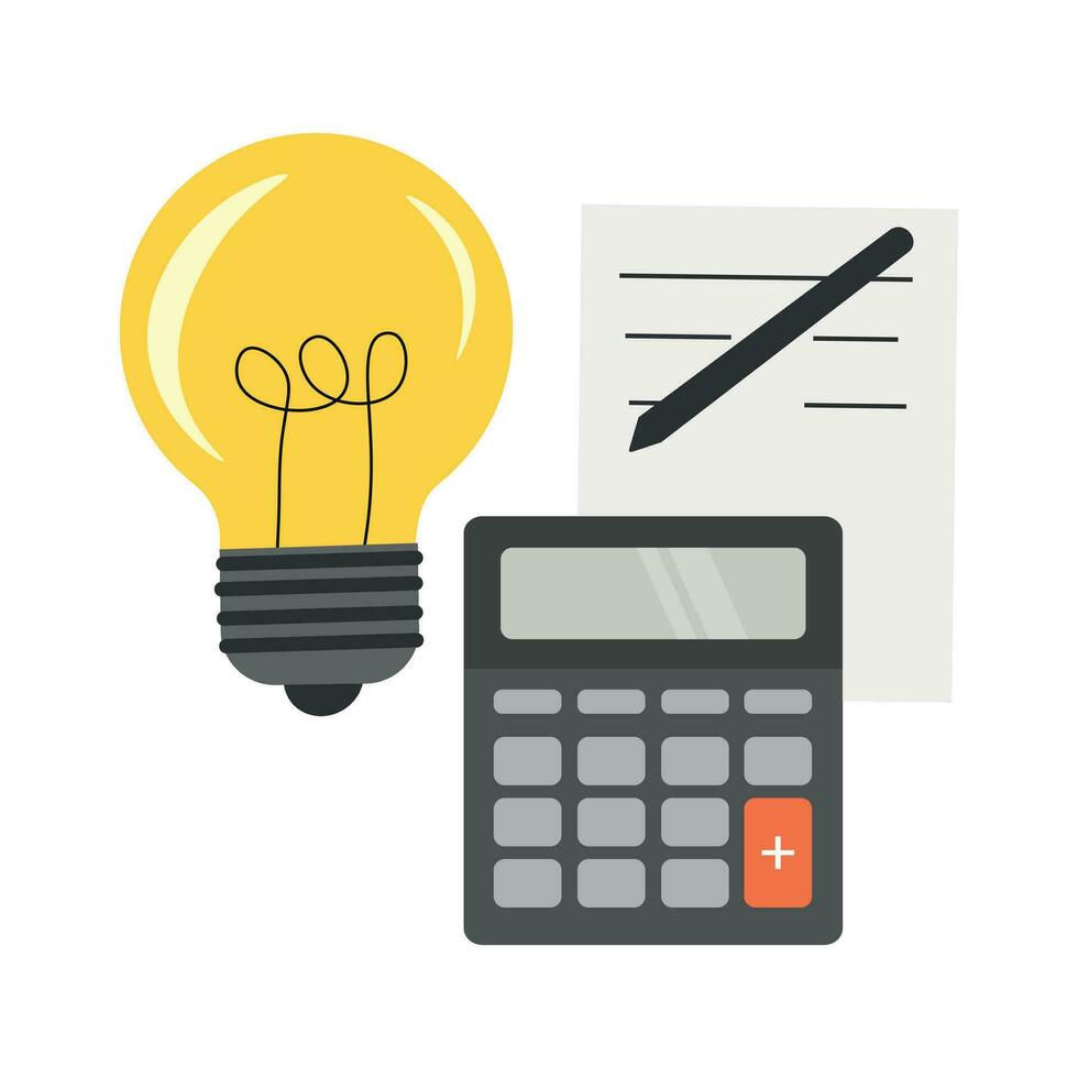 Light bulb, calculator and a sheet of paper with a pen vector