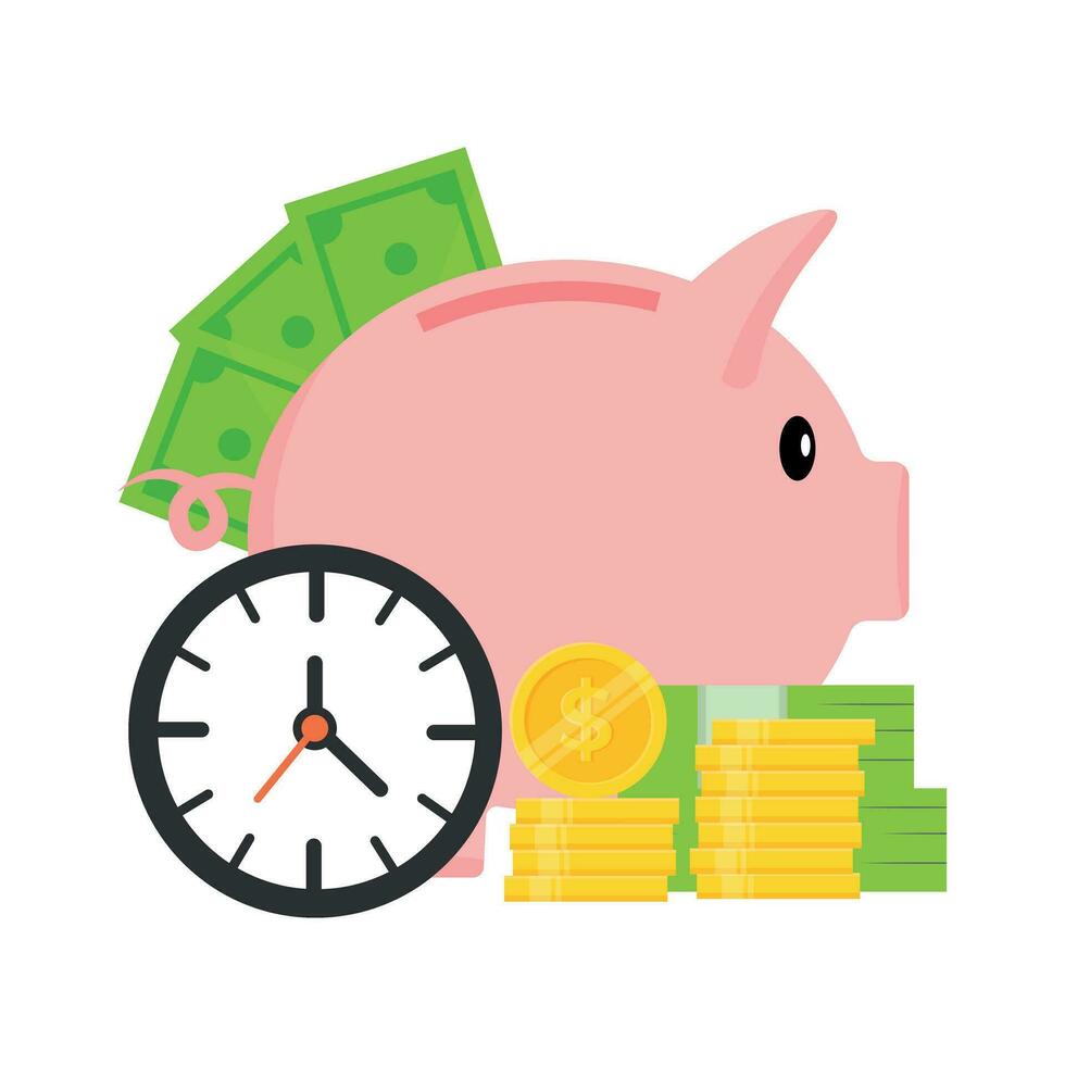 Piggy bank, clock, paper money and a stack of gold coins vector