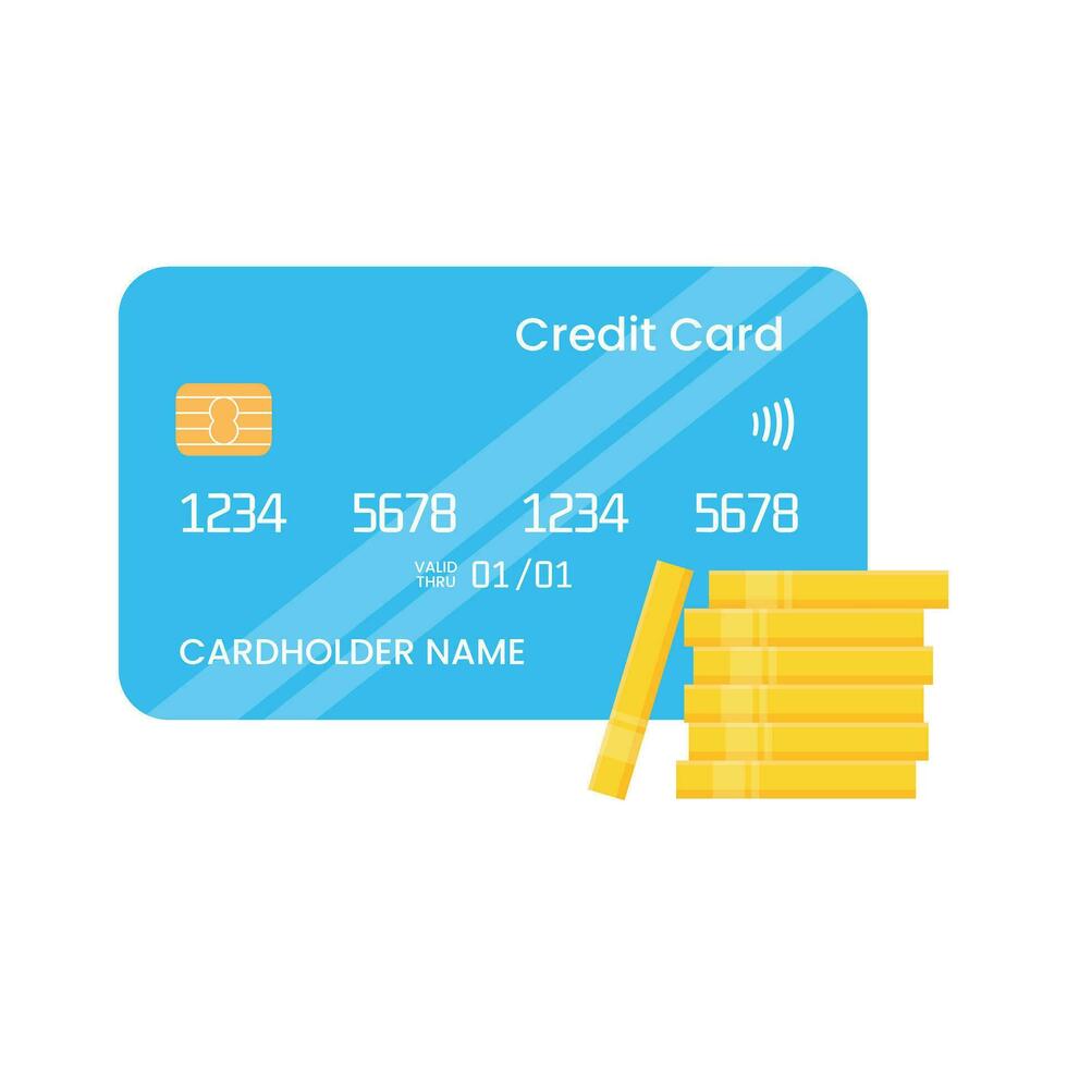 crédito tarjeta y apilar de oro monedas vector