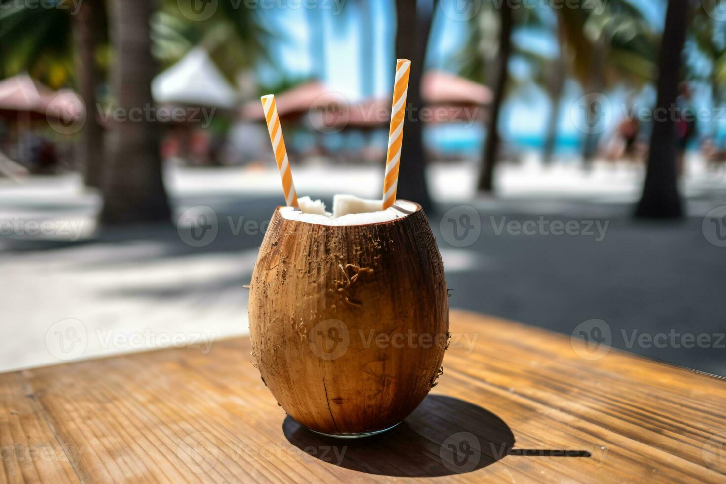 Free photo coconut cocktail with drinking straw on a palm tree in the beach photography Ai generate