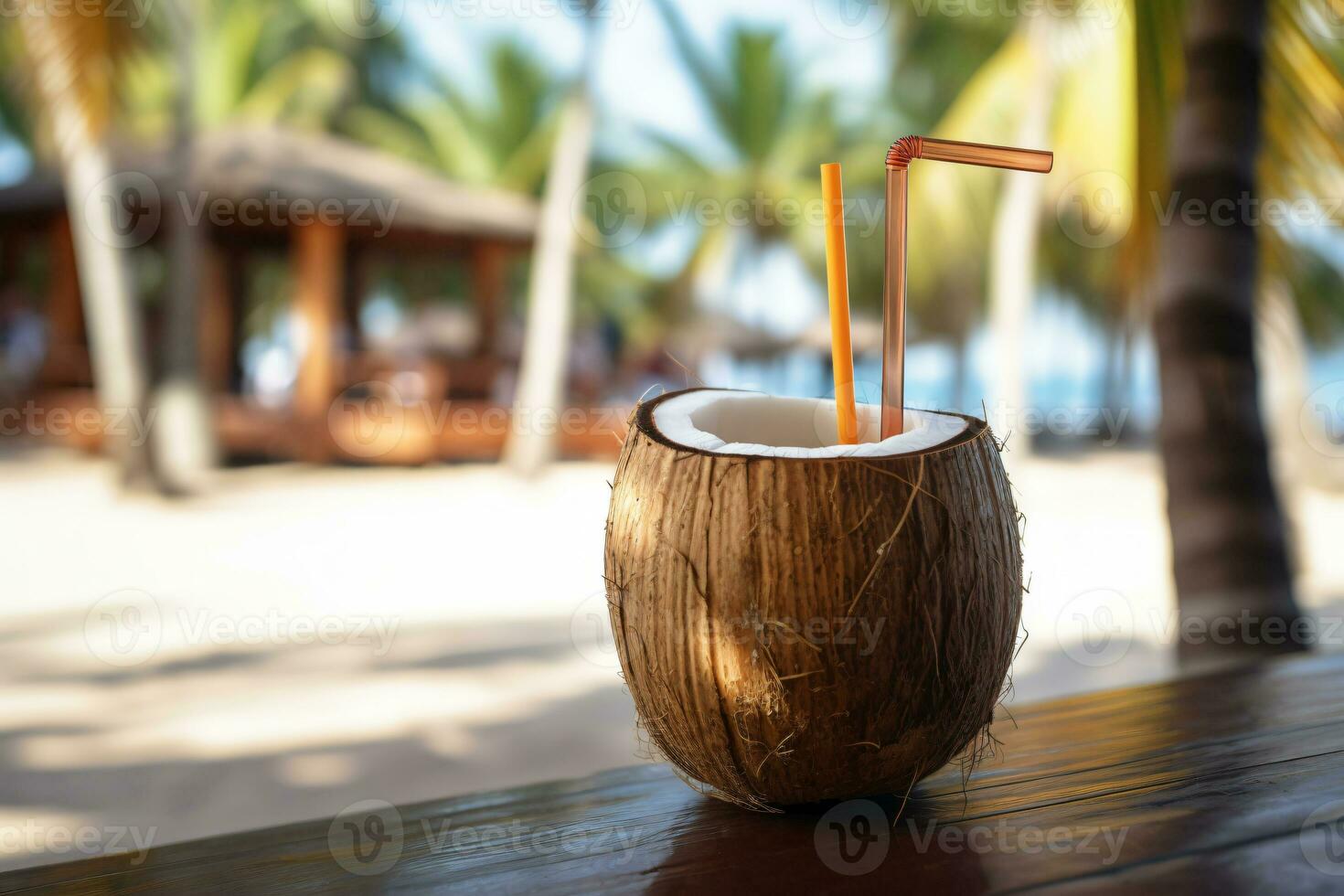 Free photo coconut cocktail with drinking straw on a palm tree in the beach photography Ai generate