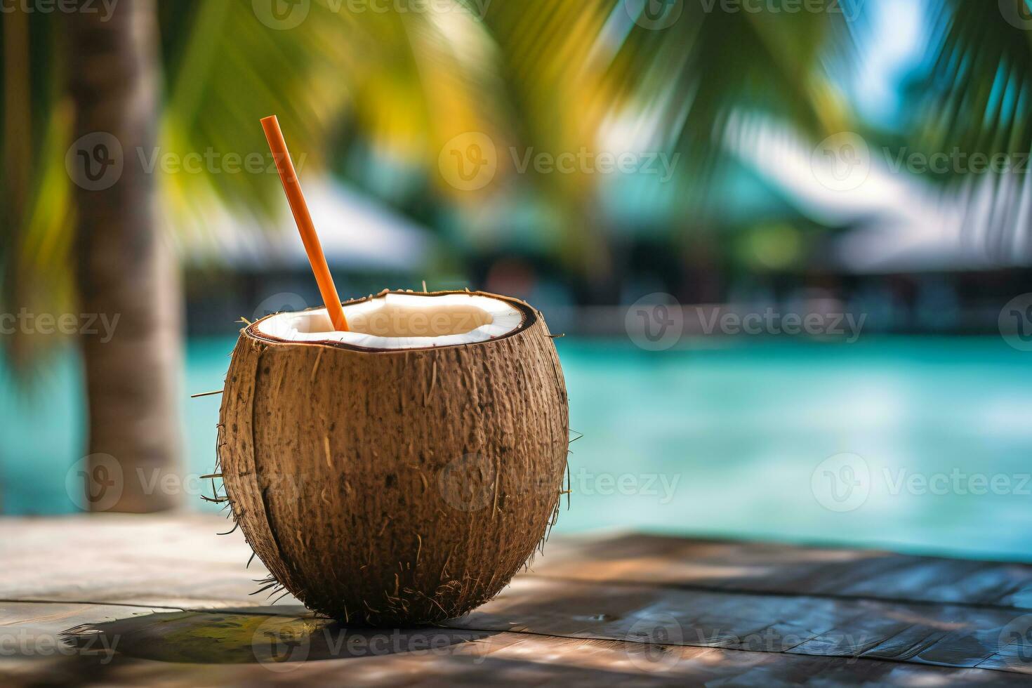 Free photo coconut cocktail with drinking straw on a palm tree in the beach photography Ai generate