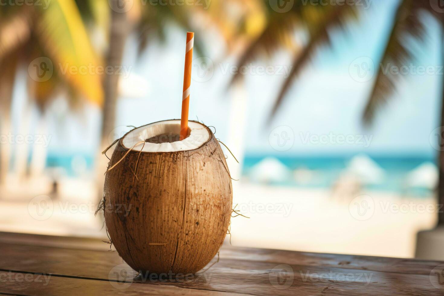 Free photo coconut cocktail with drinking straw on a palm tree in the beach photography Ai generate