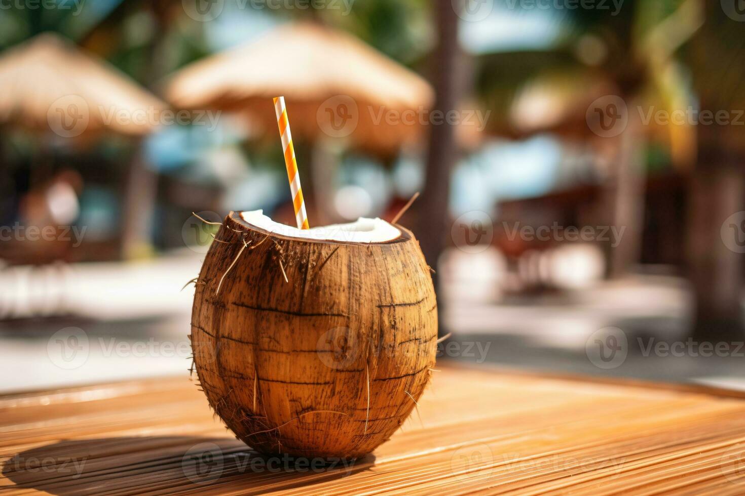 Free photo coconut cocktail with drinking straw on a palm tree in the beach photography Ai generate