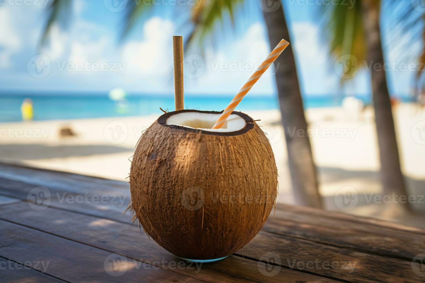 Free photo coconut cocktail with drinking straw on a palm tree in the beach photography Ai generate