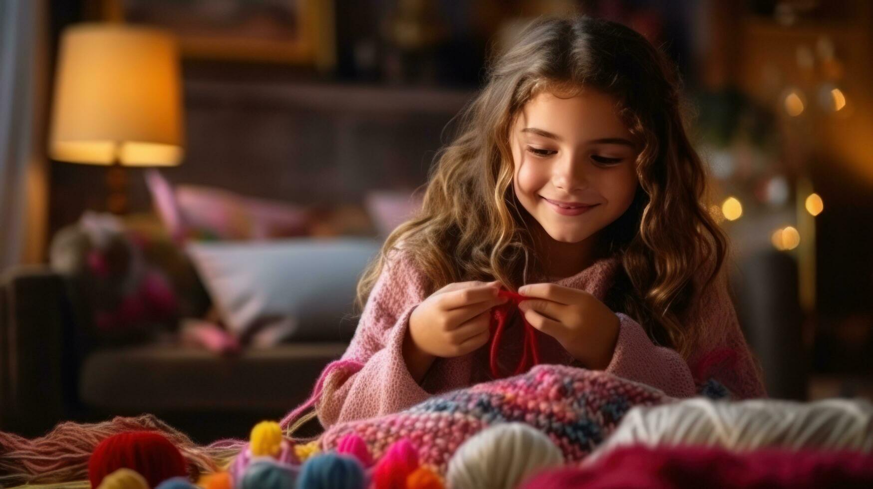 A beautiful girl of 10 years old is learning to knit. photo