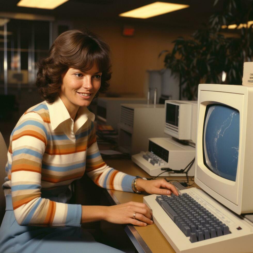 un mujer trabajos a un computadora. foto